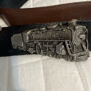 Bergamot Brass Works Pewter Locomotive Belt Buckle from 1978 and Belt